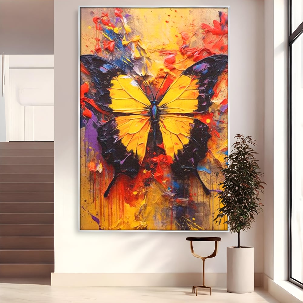 Tablou canvas cu pictura cu fluture galben, in rama de aluminiu argintiu